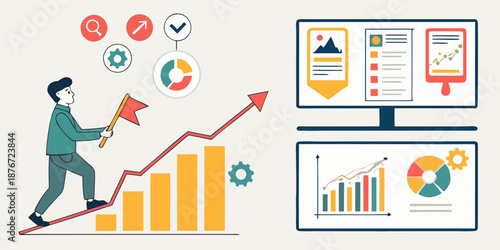 A determined businessman carries a flag while climbing an upward trending bar chart, symbolizing career growth and goal achievement.