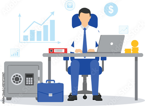 Businessman working at office desk with laptop safe money and growth charts for financial banking and investment concepts.