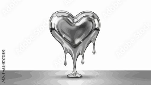 Metallic melting heart on white background, shiny silver liquid forming heart shape with drips and reflections. Concept melting heart for love, sorrow, or artistic design projects,