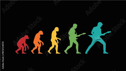 Evolution of Man to Guitarist - Colorful Silhouette Graphic of Human Progress from Ape to Rock Star with Electric Guitar