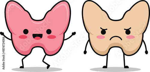 Cute cartoon vector illustration of happy healthy thyroid and sad unhealthy thyroid characters for endocrine health awareness
