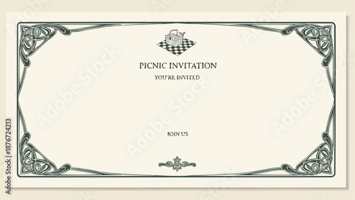 Vintage Picnic Invitation Card with Ornate Border.