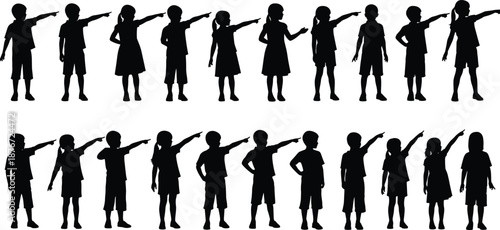 Silhouette collection of children and kids in various pointing poses on white background, representing curiosity, education, discovery, school, leadership, teamwork, childhood, and direction.