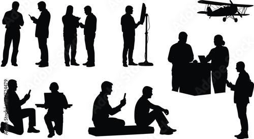 Silhouette collection of business professionals using laptops and smartphones with a vintage airplane, representing gl
