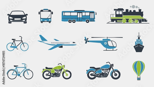 Collection of diverse transportation vehicles and modes.