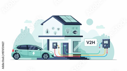 Electric Vehicle Charging Station at Modern Home with Solar Panels.