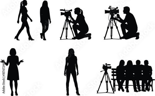 Silhouette collection of media professionals featuring camera operators, reporters, and film crew on white background, 