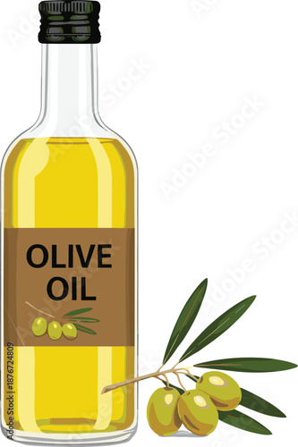 Glass bottle of extra virgin olive oil with label and fresh olive branch for cooking and healthy diet.