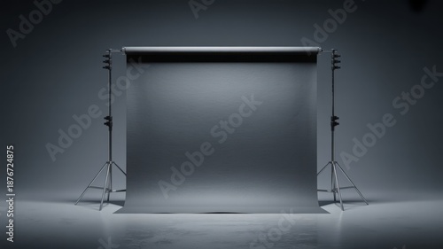 Professional photography studio with a neutral grey seamless backdrop setup