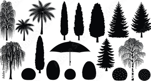 Silhouette collection of various trees and garden elements including palm, pine, cypress, willow, bushes, and an umbrella, perfect for landscape design and outdoor illustrations.