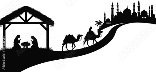 Silhouette of nativity scene with baby Jesus, Mary, Joseph, camels traveling towards a distant city, and mosque skyline, representing religious harmony, faith, and pilgrimage.