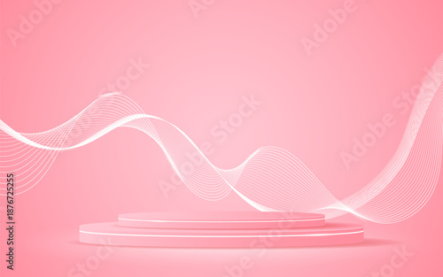 Pink podium with elegant white wave lines on the back for product presentation. Display of cosmetic products. Stage or podium. vector illustration.