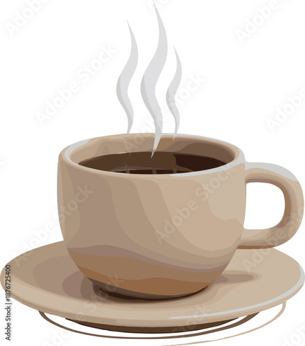 Hot steaming cup of black coffee on a saucer vector illustration for morning breakfast cafe and breaktime concepts.
