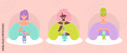 Illustrations characters woman blogger making asmr content.  Asmr content creator blogging.