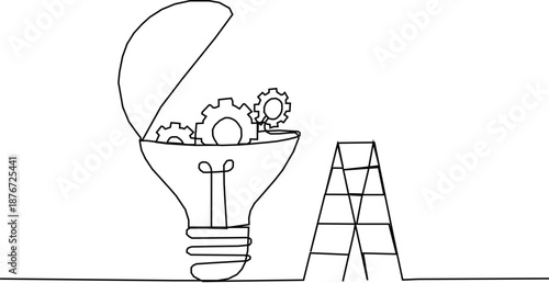 Illustration of presenting innovation lightbulb with cog ang gear, concept of innovation.  Single line art style.