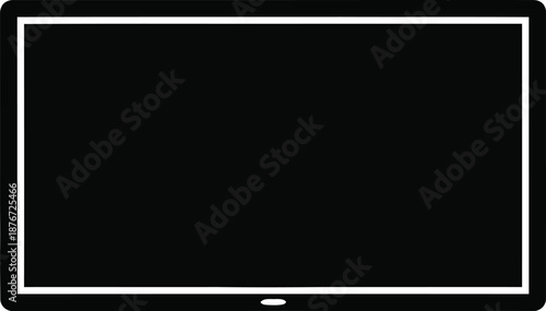 Black and white flat screen television icon with thin borders on a white background