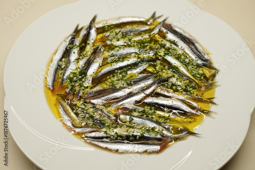 Overheard view of Anchovies Marinated in Vinegar (Boquerones en Vinagre), Spanish tapas