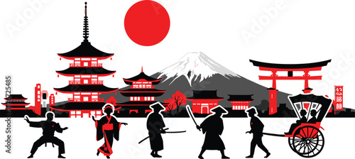 Japanese cultural landscape vector illustration with Mount Fuji pagoda torii gate samurai geisha and martial arts silhouettes.