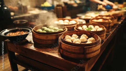 Steaming Chinese Dim Sum in Bamboo Baskets at Restaurant Kitchen Counter
