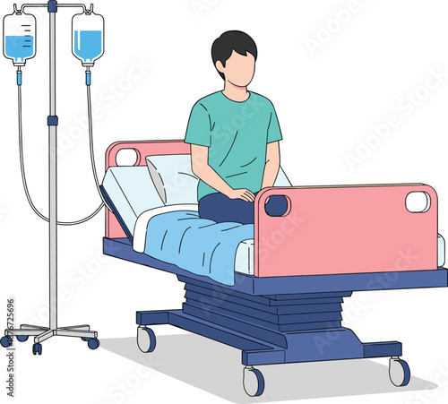 Male patient sitting on medical hospital bed with intravenous IV drip stand for healthcare recovery and clinic treatment concepts.