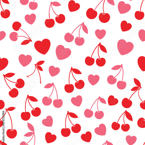 Bright Pink Cherry and Heart Pattern on White Background