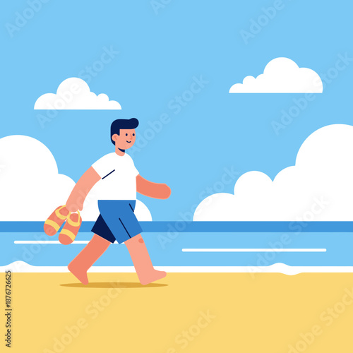 A man walking on the beach with flip-flops in a sunny day