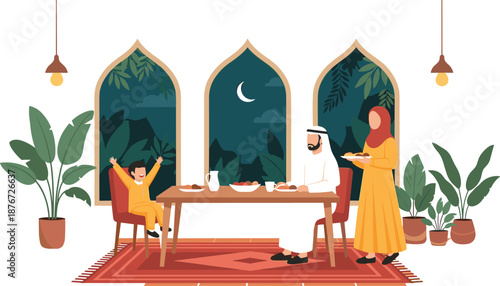 Muslim family having Iftar dinner at home during Ramadan with traditional food and moon view through windows concepts.