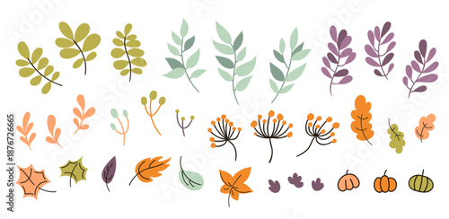 Doodle set of hand drawn autumn floral design elements. 