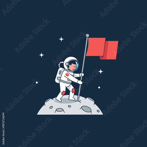 Astronaut planting a flag on the Moon with a red flag, illustrating space exploration