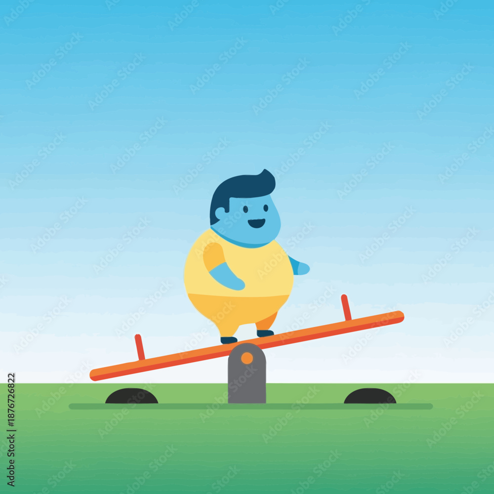 Naklejka premium Happy Cartoon Child Playing on a Seesaw in a Park