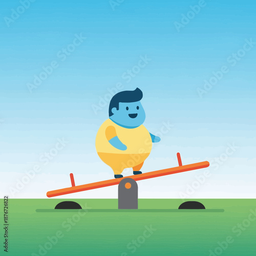 Happy Cartoon Child Playing on a Seesaw in a Park
