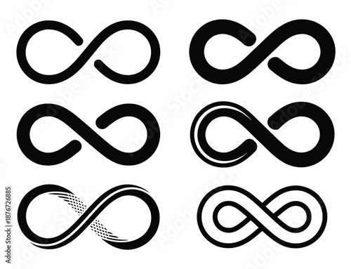 Set of infinity signs, made of different types of torsion and intersection, vector tattoo flat design, featuring creative loop variations, endless symbol concepts, and clean modern vector illustration