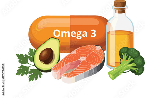 Omega 3 healthy supplement concept vector illustration with fish oil capsule salmon avocado broccoli and oil bottle ingredients.
