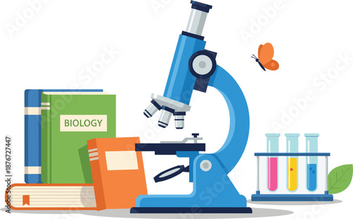 Science education concept with blue laboratory microscope biology books test tubes and butterfly for research and school learning.