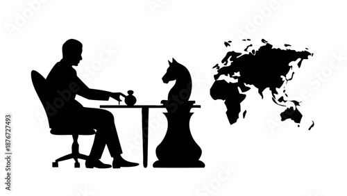 A silhouette of a businessman sitting at a table, moving a giant chess piece on a board shaped like a world map.