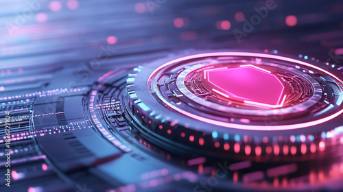 Futuristic digital shield with glowing elements on a circuit-like background.