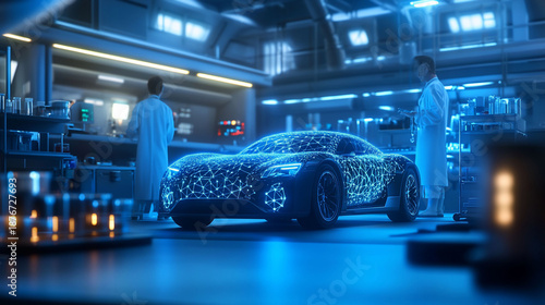 Futuristic Electric Car Hologram Scientists Laboratory Innovation Technology