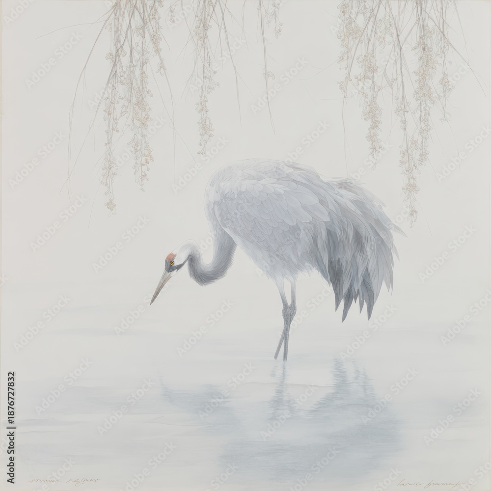 Obraz premium Bird standing in shallow water, head bent down; weeping tree in the background