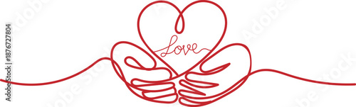 Hands Holding A Heart With 'Love' Inscription Minimalist Human Love Icon Concept Continuous One Line Drawing