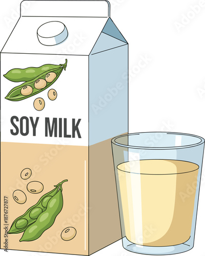 Soy milk carton and glass vector illustration with soybean pod design for dairy alternative and vegan beverage concepts.