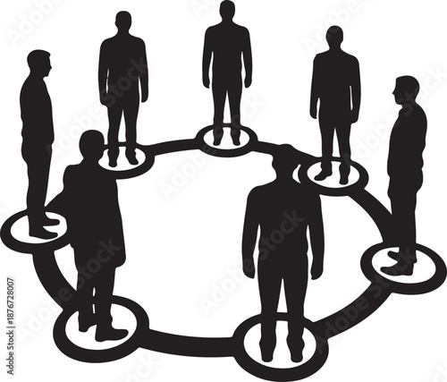 Seven individuals standing on interconnected nodes in a circle, representing social connection and collaboration