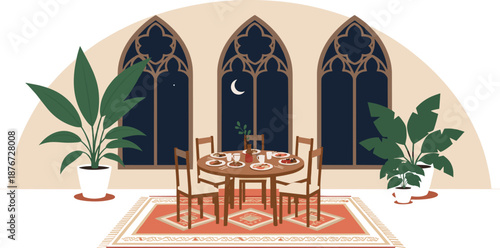 Traditional Middle Eastern dining room interior with round table set for dinner featuring ornate gothic windows and plants.