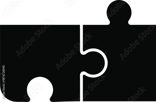 Two black interlocking puzzle pieces isolated on white background for teamwork collaboration problem solving and connection business concepts.