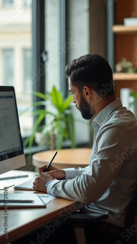 Side view of a young professional man working at a computer in a contemporary office setting. He is writing notes, focused on his task. Bright interior with natural light and plants.