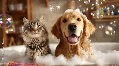 Friendly golden retriever dog and fluffy tabby cat enjoying a bubble bath in a tub, covered in suds and surrounded by floating soap bubbles, depicting pet care and companionship © Oleh