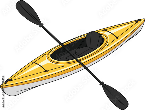 Yellow recreational kayak with black paddle vector illustration for summer water sports outdoor adventure and lake rowing concepts.