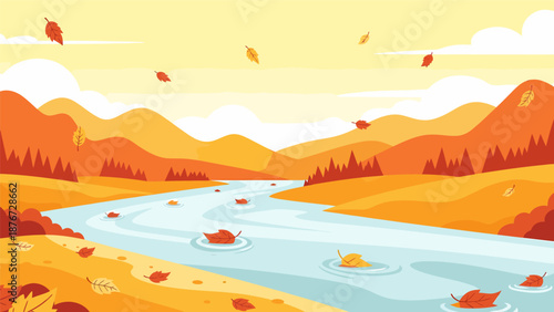 Autumn landscape with river and mountains Autumn.