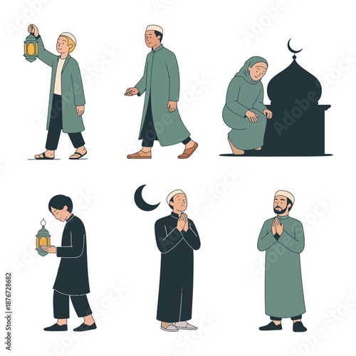 Muslim Devotion and Reflection: A collection of illustrations depicting Muslim individuals engaged in various acts of devotion and reflection during a religious observance.