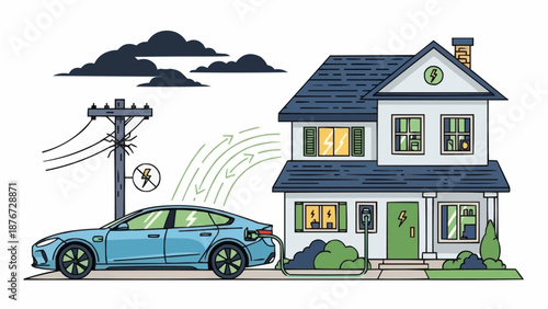 Electric car charging at a suburban house connected to power lines.