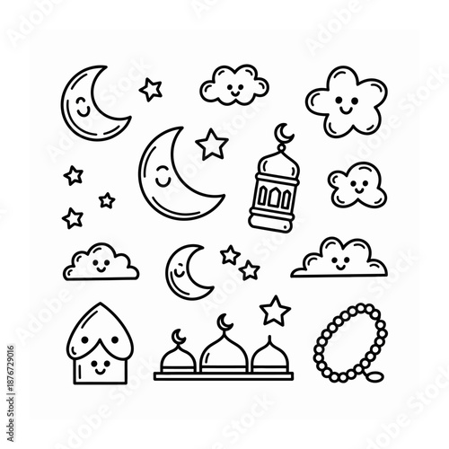 Muslim Illustration: A charming illustration capturing the essence of the religious holiday, featuring celestial bodies, a crescent moon, mosques, lantern and prayer beads.